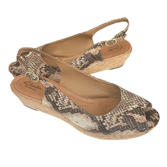 Clarks Artisan Peeptoe Slingback Cork Wedge Snakeskin Sandal Women's Size 9 - Picture 1 of 11